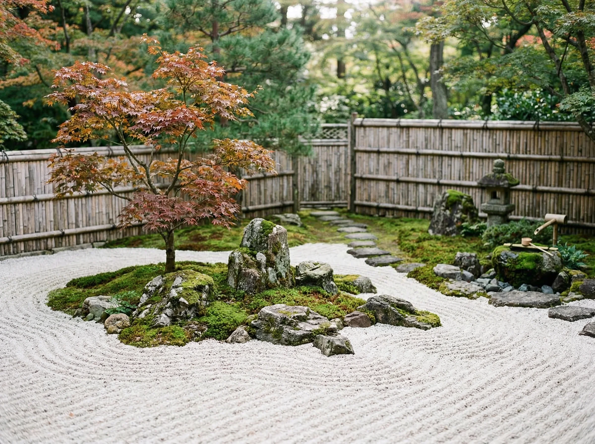 Serene zen garden with raked sand patterns and moss-covered rocks