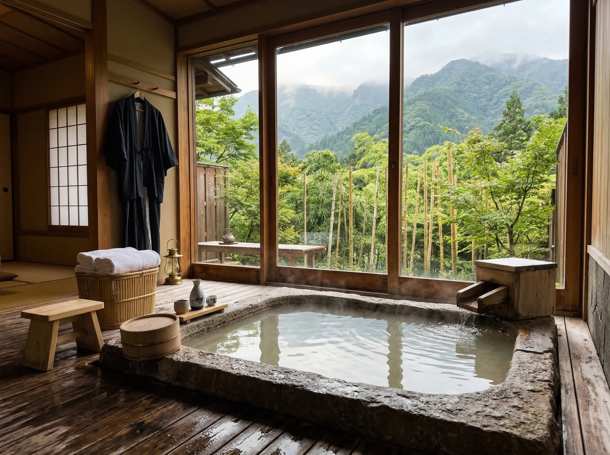 Private in-room onsen hot spring bath overlooking bamboo groves and mountain scenery