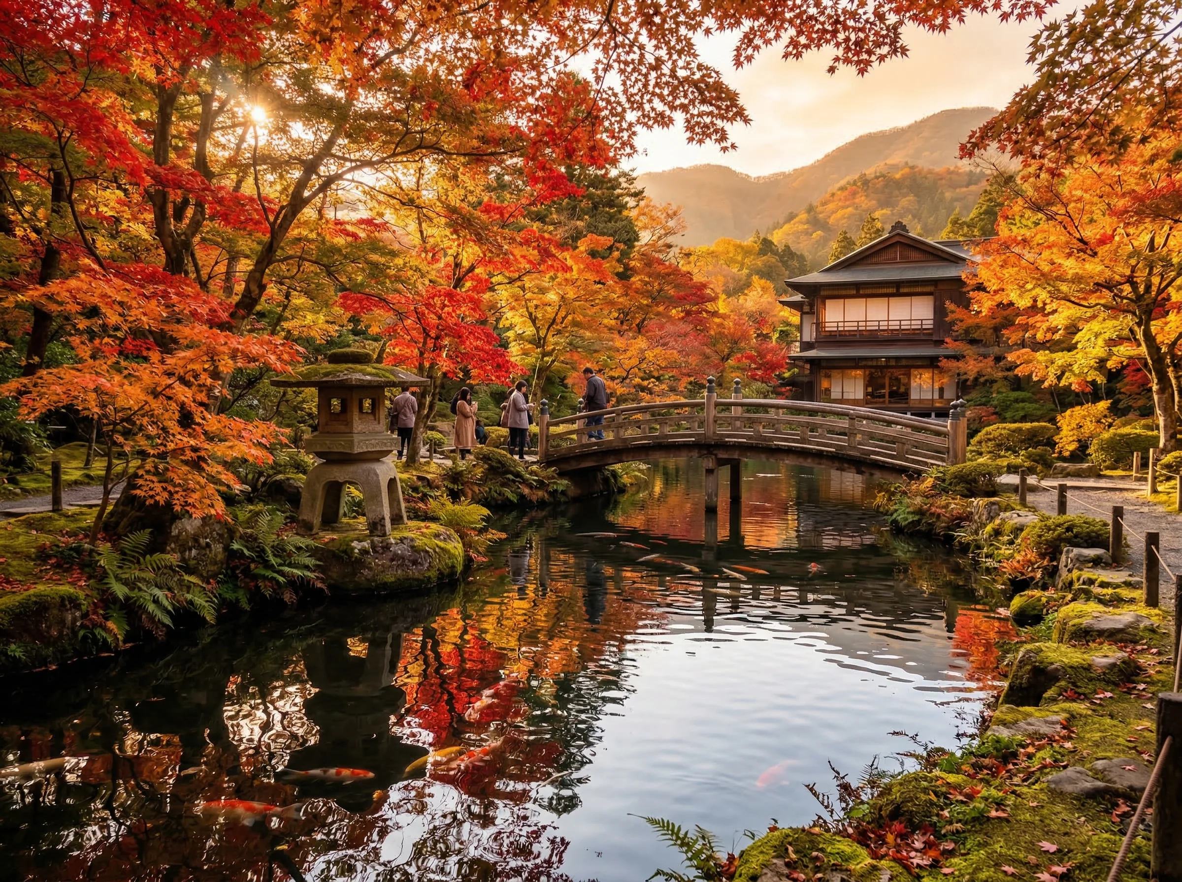 Vibrant red and gold autumn foliage reflecting in a koi pond beside a traditional ryokan